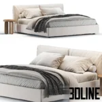 3D model of the Twils Ada bed featuring a soft, non-removable upholstered headboard with a gathered look, dressed in neutral beige linens and a dark grey throw blanket.
