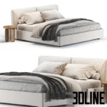 3D model of the Twils Ada bed featuring a soft, non-removable upholstered headboard with a gathered look, dressed in neutral beige linens and a dark grey throw blanket.