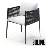 3D model of the Unopiù Luce small armchair featuring a graphite aluminum frame wrapped in dark polyolefin rope, with white cushions.