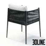 3D model of the Unopiù Luce small armchair featuring a graphite aluminum frame wrapped in dark polyolefin rope, with white cushions.