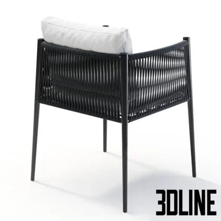 3D model of the Unopiù Luce small armchair featuring a graphite aluminum frame wrapped in dark polyolefin rope, with white cushions.