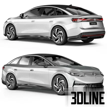 3D model of the Volkswagen ID.7 electric sedan in silver, featuring a sleek aerodynamic body, detailed front and rear lights, and realistic wheels.