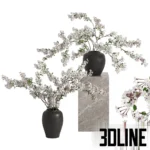 3D model of large black ceramic vases filled with expansive white cherry blossom branches, creating a dramatic spring floral arrangement.