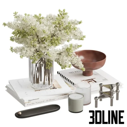 3D model of a coffee table decor set including a glass vase with white lilac flowers, a brown bowl, stacked art books, and a chrome candle holder.