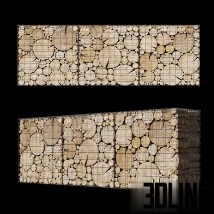 3D model of a wooden gabion wall section filled with stacked round timber logs inside a metal wire mesh cage, used for landscaping.