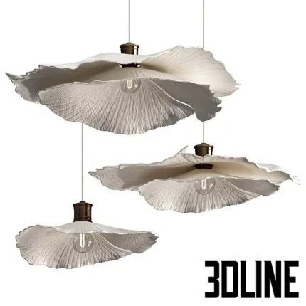 3D model set of Zara Home ceiling lamps in three sizes, featuring an organic, wavy leaf-like shape made of textured white paper-mache or fabric.