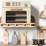 3D model set of a Zara Home style wooden play kitchen including a stove, fridge, washing machine, and accessories in soft beige and wood tones.