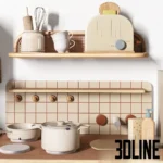 3D model set of a Zara Home style wooden play kitchen including a stove, fridge, washing machine, and accessories in soft beige and wood tones.