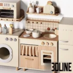 3D model set of a Zara Home style wooden play kitchen including a stove, fridge, washing machine, and accessories in soft beige and wood tones.