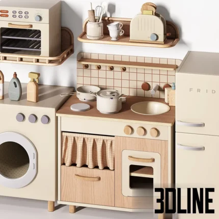 3D model set of a Zara Home style wooden play kitchen including a stove, fridge, washing machine, and accessories in soft beige and wood tones.