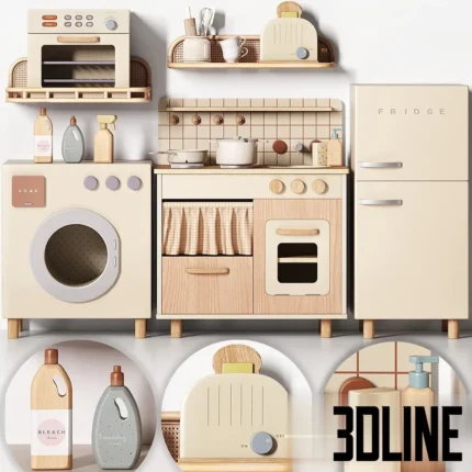3D model set of a Zara Home style wooden play kitchen including a stove, fridge, washing machine, and accessories in soft beige and wood tones.