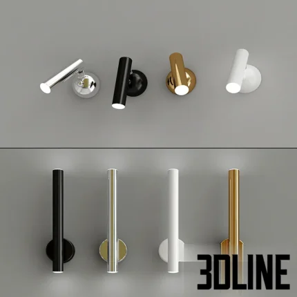 3D model set of Zuma Line Loya wall lamps featuring adjustable cylindrical spotlights in black, white, gold, and chrome finishes.
