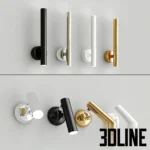 3D model set of Zuma Line Loya wall lamps featuring adjustable cylindrical spotlights in black, white, gold, and chrome finishes.