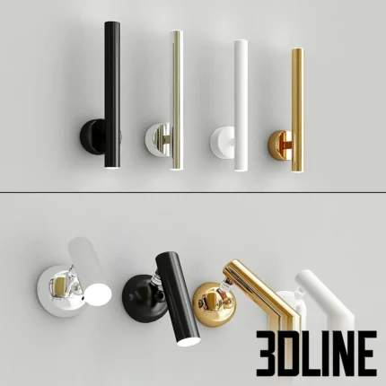 3D model set of Zuma Line Loya wall lamps featuring adjustable cylindrical spotlights in black, white, gold, and chrome finishes.