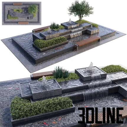 Landscaping Figure with Plants Waterfalls and Fish 2(3dline.net)